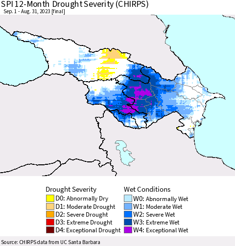 Azerbaijan, Armenia and Georgia SPI 12-Month Drought Severity (CHIRPS) Thematic Map For 9/1/2022 - 8/31/2023
