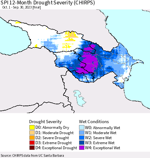 Azerbaijan, Armenia and Georgia SPI 12-Month Drought Severity (CHIRPS) Thematic Map For 10/1/2022 - 9/30/2023
