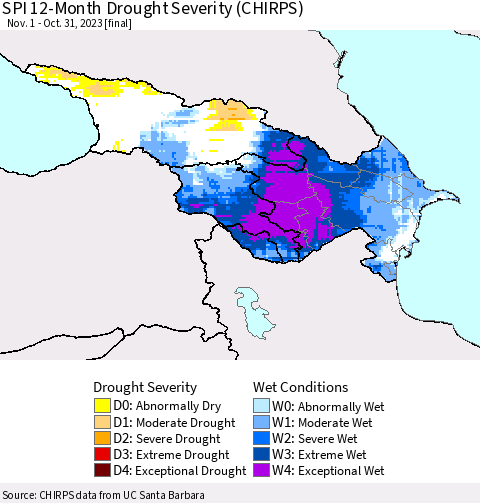 Azerbaijan, Armenia and Georgia SPI 12-Month Drought Severity (CHIRPS) Thematic Map For 11/1/2022 - 10/31/2023