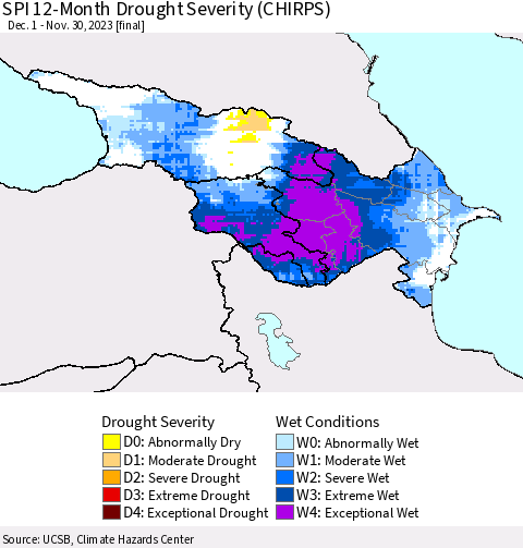 Azerbaijan, Armenia and Georgia SPI 12-Month Drought Severity (CHIRPS) Thematic Map For 12/1/2022 - 11/30/2023