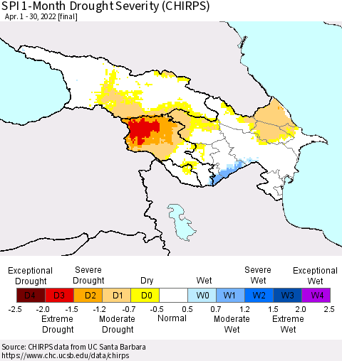 Azerbaijan, Armenia and Georgia SPI 1-Month Drought Severity (CHIRPS) Thematic Map For 4/1/2022 - 4/30/2022