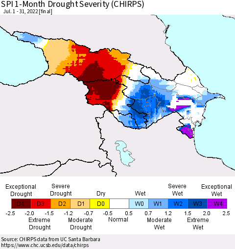 Azerbaijan, Armenia and Georgia SPI 1-Month Drought Severity (CHIRPS) Thematic Map For 7/1/2022 - 7/31/2022