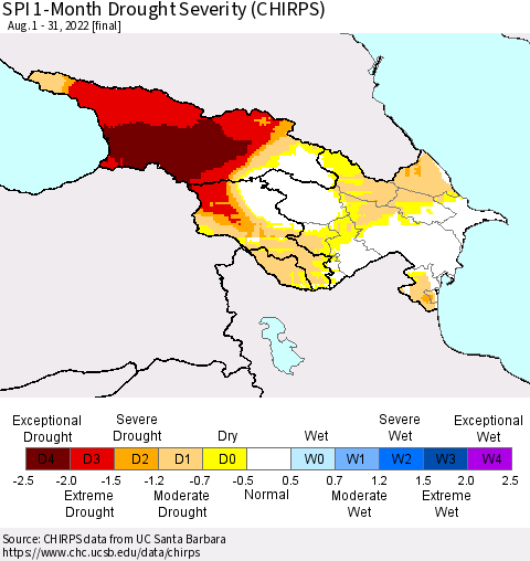Azerbaijan, Armenia and Georgia SPI 1-Month Drought Severity (CHIRPS) Thematic Map For 8/1/2022 - 8/31/2022