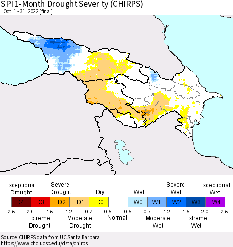 Azerbaijan, Armenia and Georgia SPI 1-Month Drought Severity (CHIRPS) Thematic Map For 10/1/2022 - 10/31/2022