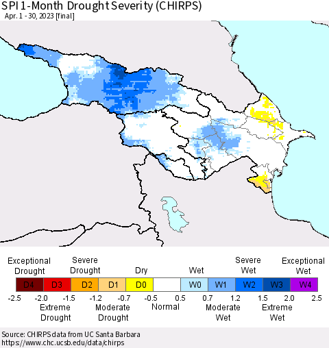 Azerbaijan, Armenia and Georgia SPI 1-Month Drought Severity (CHIRPS) Thematic Map For 4/1/2023 - 4/30/2023