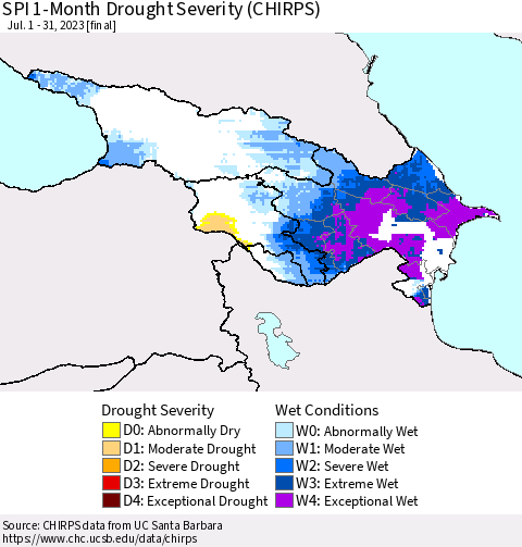 Azerbaijan, Armenia and Georgia SPI 1-Month Drought Severity (CHIRPS) Thematic Map For 7/1/2023 - 7/31/2023