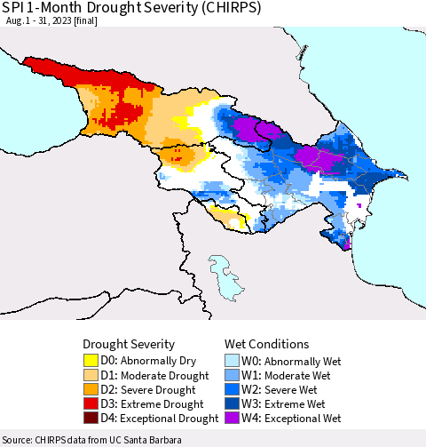 Azerbaijan, Armenia and Georgia SPI 1-Month Drought Severity (CHIRPS) Thematic Map For 8/1/2023 - 8/31/2023