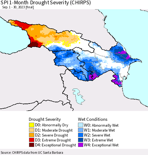 Azerbaijan, Armenia and Georgia SPI 1-Month Drought Severity (CHIRPS) Thematic Map For 9/1/2023 - 9/30/2023