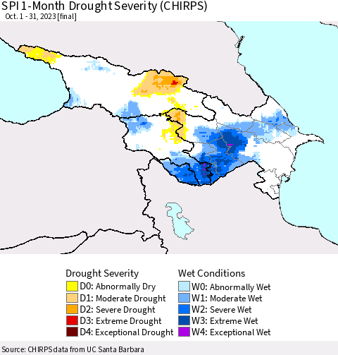 Azerbaijan, Armenia and Georgia SPI 1-Month Drought Severity (CHIRPS) Thematic Map For 10/1/2023 - 10/31/2023