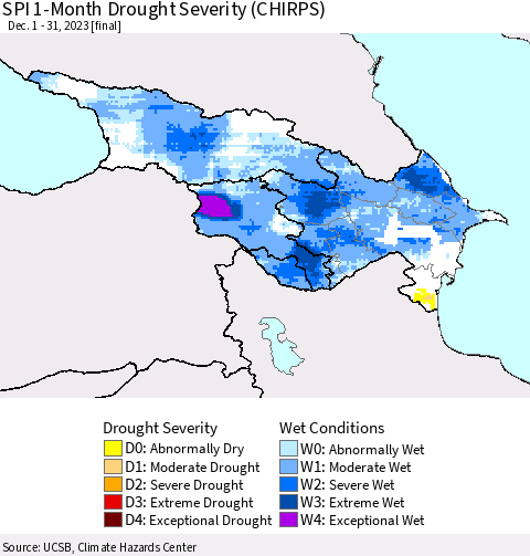 Azerbaijan, Armenia and Georgia SPI 1-Month Drought Severity (CHIRPS) Thematic Map For 12/1/2023 - 12/31/2023