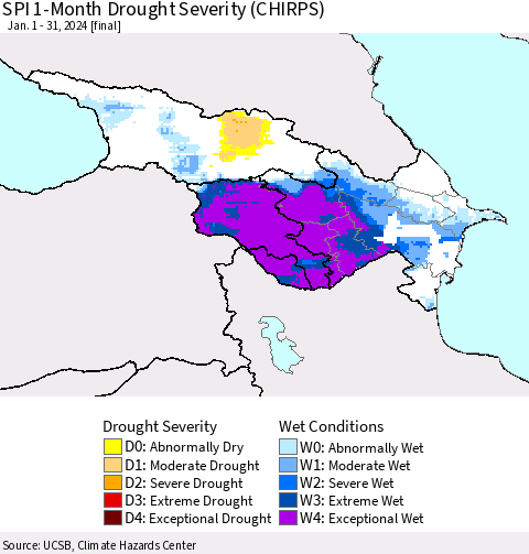 Azerbaijan, Armenia and Georgia SPI 1-Month Drought Severity (CHIRPS) Thematic Map For 1/1/2024 - 1/31/2024