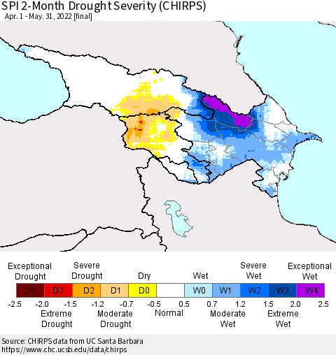 Azerbaijan, Armenia and Georgia SPI 2-Month Drought Severity (CHIRPS) Thematic Map For 4/1/2022 - 5/31/2022