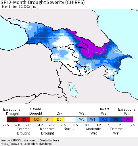 Azerbaijan, Armenia and Georgia SPI 2-Month Drought Severity (CHIRPS) Thematic Map For 5/1/2022 - 6/30/2022