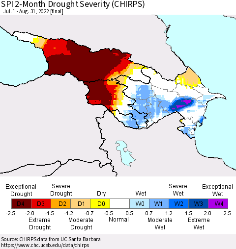 Azerbaijan, Armenia and Georgia SPI 2-Month Drought Severity (CHIRPS) Thematic Map For 7/1/2022 - 8/31/2022
