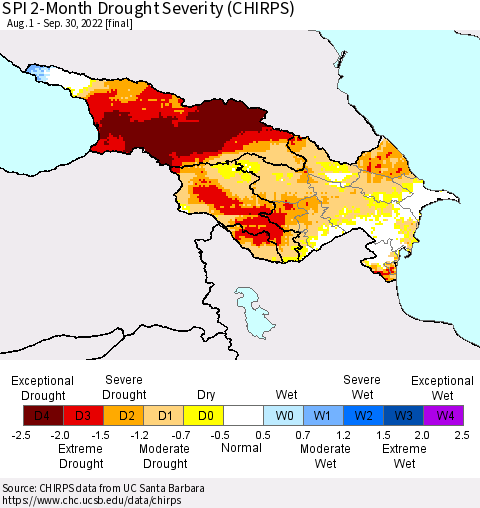 Azerbaijan, Armenia and Georgia SPI 2-Month Drought Severity (CHIRPS) Thematic Map For 8/1/2022 - 9/30/2022