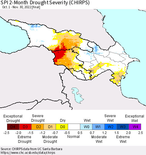 Azerbaijan, Armenia and Georgia SPI 2-Month Drought Severity (CHIRPS) Thematic Map For 10/1/2022 - 11/30/2022