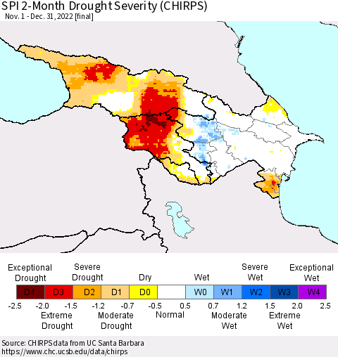 Azerbaijan, Armenia and Georgia SPI 2-Month Drought Severity (CHIRPS) Thematic Map For 11/1/2022 - 12/31/2022