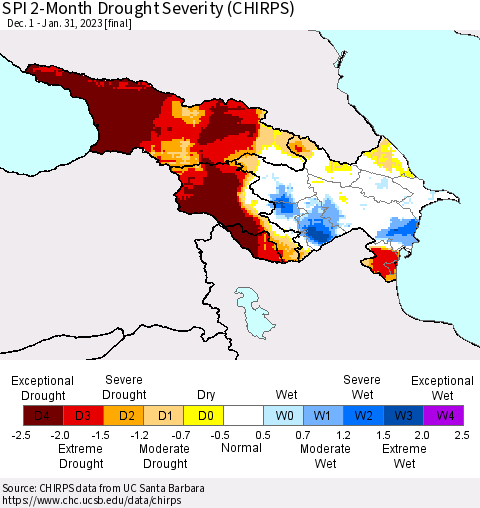 Azerbaijan, Armenia and Georgia SPI 2-Month Drought Severity (CHIRPS) Thematic Map For 12/1/2022 - 1/31/2023