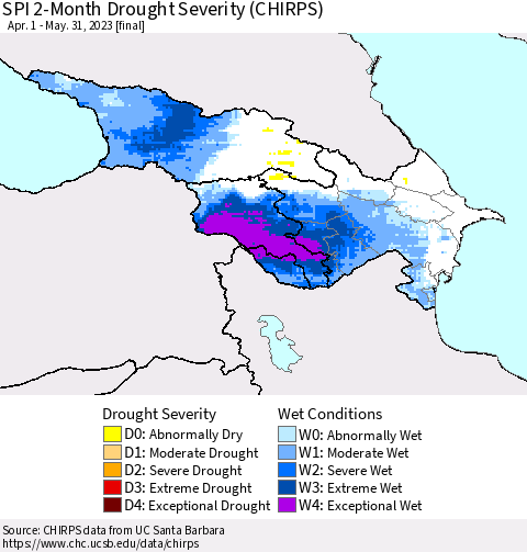 Azerbaijan, Armenia and Georgia SPI 2-Month Drought Severity (CHIRPS) Thematic Map For 4/1/2023 - 5/31/2023