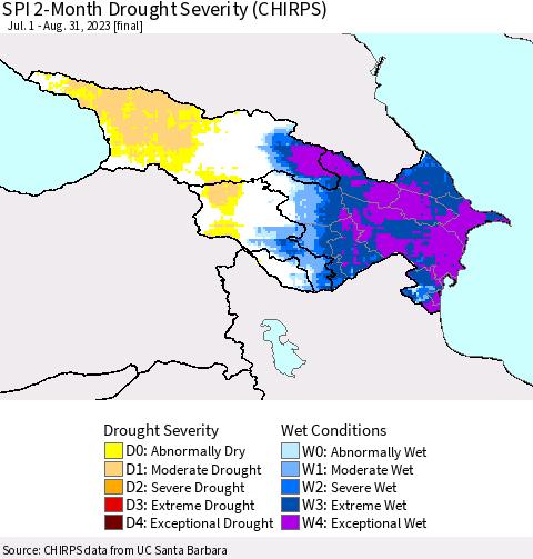 Azerbaijan, Armenia and Georgia SPI 2-Month Drought Severity (CHIRPS) Thematic Map For 7/1/2023 - 8/31/2023