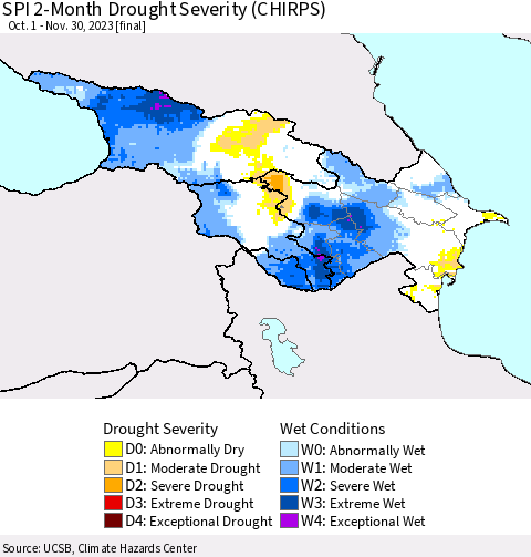 Azerbaijan, Armenia and Georgia SPI 2-Month Drought Severity (CHIRPS) Thematic Map For 10/1/2023 - 11/30/2023