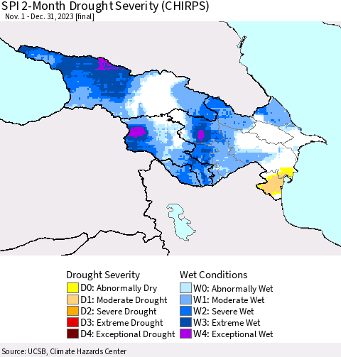 Azerbaijan, Armenia and Georgia SPI 2-Month Drought Severity (CHIRPS) Thematic Map For 11/1/2023 - 12/31/2023