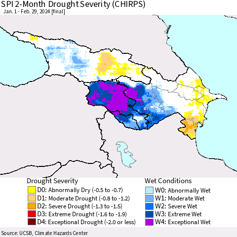 Azerbaijan, Armenia and Georgia SPI 2-Month Drought Severity (CHIRPS) Thematic Map For 1/1/2024 - 2/29/2024