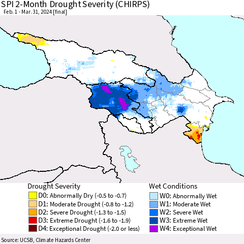 Azerbaijan, Armenia and Georgia SPI 2-Month Drought Severity (CHIRPS) Thematic Map For 2/1/2024 - 3/31/2024