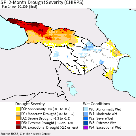 Azerbaijan, Armenia and Georgia SPI 2-Month Drought Severity (CHIRPS) Thematic Map For 3/1/2024 - 4/30/2024