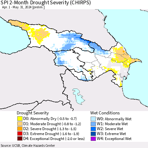 Azerbaijan, Armenia and Georgia SPI 2-Month Drought Severity (CHIRPS) Thematic Map For 4/1/2024 - 5/31/2024