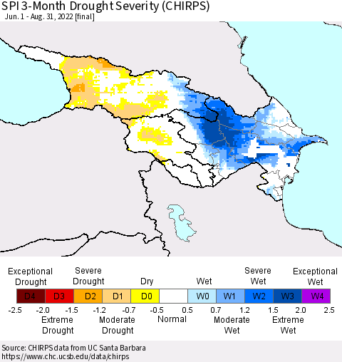 Azerbaijan, Armenia and Georgia SPI 3-Month Drought Severity (CHIRPS) Thematic Map For 6/1/2022 - 8/31/2022
