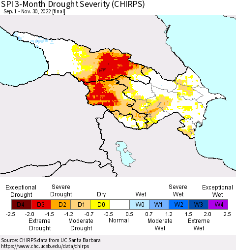 Azerbaijan, Armenia and Georgia SPI 3-Month Drought Severity (CHIRPS) Thematic Map For 9/1/2022 - 11/30/2022