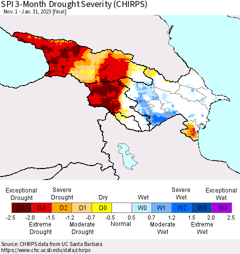 Azerbaijan, Armenia and Georgia SPI 3-Month Drought Severity (CHIRPS) Thematic Map For 11/1/2022 - 1/31/2023