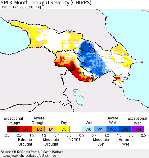 Azerbaijan, Armenia and Georgia SPI 3-Month Drought Severity (CHIRPS) Thematic Map For 12/1/2022 - 2/28/2023