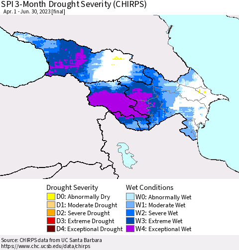Azerbaijan, Armenia and Georgia SPI 3-Month Drought Severity (CHIRPS) Thematic Map For 4/1/2023 - 6/30/2023
