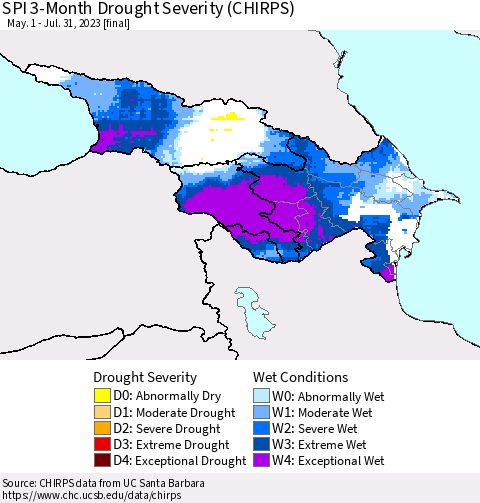 Azerbaijan, Armenia and Georgia SPI 3-Month Drought Severity (CHIRPS) Thematic Map For 5/1/2023 - 7/31/2023