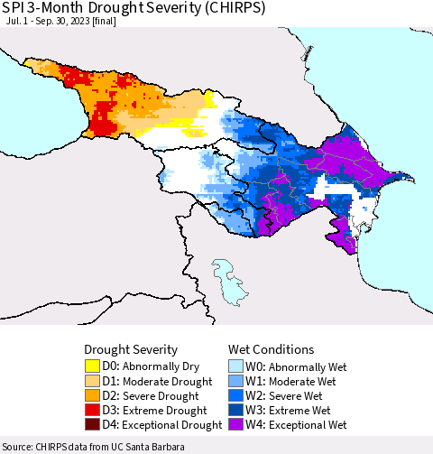 Azerbaijan, Armenia and Georgia SPI 3-Month Drought Severity (CHIRPS) Thematic Map For 7/1/2023 - 9/30/2023