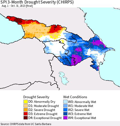 Azerbaijan, Armenia and Georgia SPI 3-Month Drought Severity (CHIRPS) Thematic Map For 8/1/2023 - 10/31/2023
