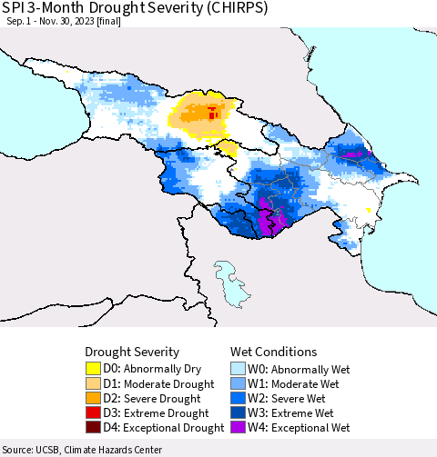 Azerbaijan, Armenia and Georgia SPI 3-Month Drought Severity (CHIRPS) Thematic Map For 9/1/2023 - 11/30/2023