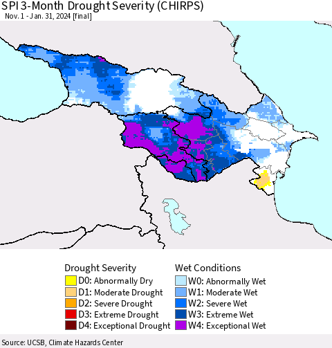 Azerbaijan, Armenia and Georgia SPI 3-Month Drought Severity (CHIRPS) Thematic Map For 11/1/2023 - 1/31/2024