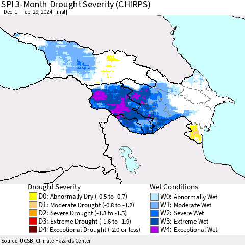 Azerbaijan, Armenia and Georgia SPI 3-Month Drought Severity (CHIRPS) Thematic Map For 12/1/2023 - 2/29/2024