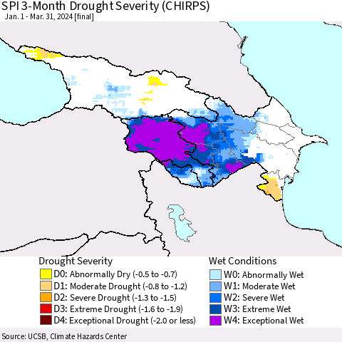 Azerbaijan, Armenia and Georgia SPI 3-Month Drought Severity (CHIRPS) Thematic Map For 1/1/2024 - 3/31/2024