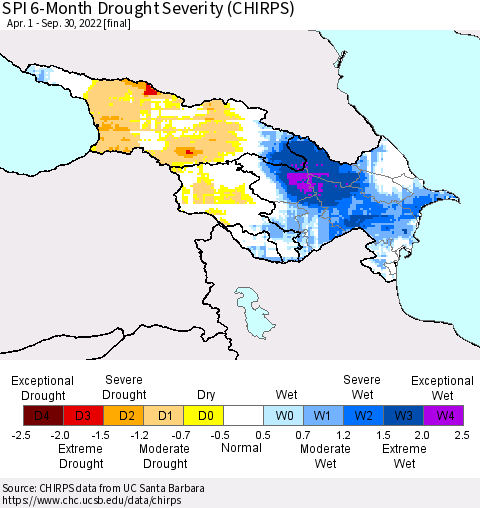 Azerbaijan, Armenia and Georgia SPI 6-Month Drought Severity (CHIRPS) Thematic Map For 4/1/2022 - 9/30/2022