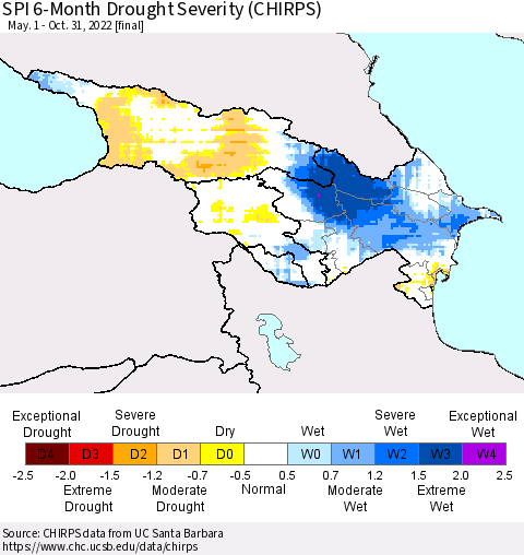 Azerbaijan, Armenia and Georgia SPI 6-Month Drought Severity (CHIRPS) Thematic Map For 5/1/2022 - 10/31/2022