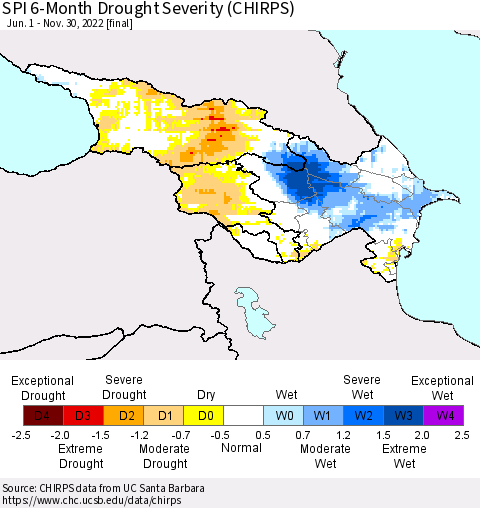Azerbaijan, Armenia and Georgia SPI 6-Month Drought Severity (CHIRPS) Thematic Map For 6/1/2022 - 11/30/2022