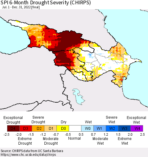 Azerbaijan, Armenia and Georgia SPI 6-Month Drought Severity (CHIRPS) Thematic Map For 7/1/2022 - 12/31/2022