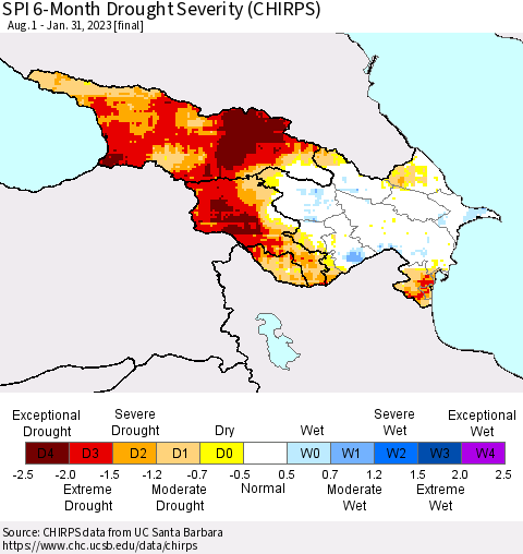 Azerbaijan, Armenia and Georgia SPI 6-Month Drought Severity (CHIRPS) Thematic Map For 8/1/2022 - 1/31/2023