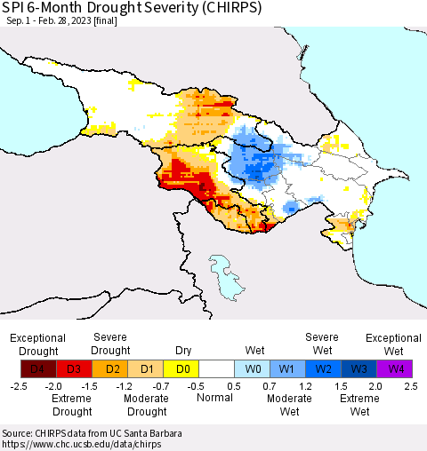 Azerbaijan, Armenia and Georgia SPI 6-Month Drought Severity (CHIRPS) Thematic Map For 9/1/2022 - 2/28/2023