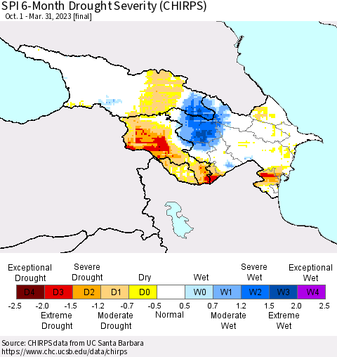 Azerbaijan, Armenia and Georgia SPI 6-Month Drought Severity (CHIRPS) Thematic Map For 10/1/2022 - 3/31/2023