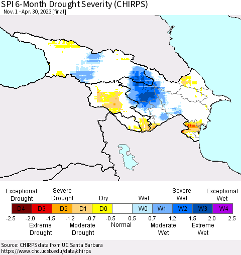 Azerbaijan, Armenia and Georgia SPI 6-Month Drought Severity (CHIRPS) Thematic Map For 11/1/2022 - 4/30/2023